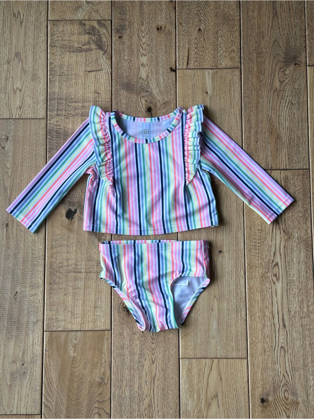 NEW Baby Gap Rainbow Stripe Ruffle Rashguard 2-Piece Swimsuit size 6-12 Months